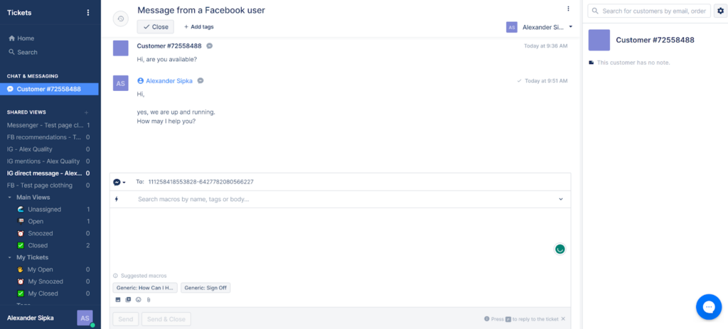 Gorgias - sporočilo uporabnika Facebooka
