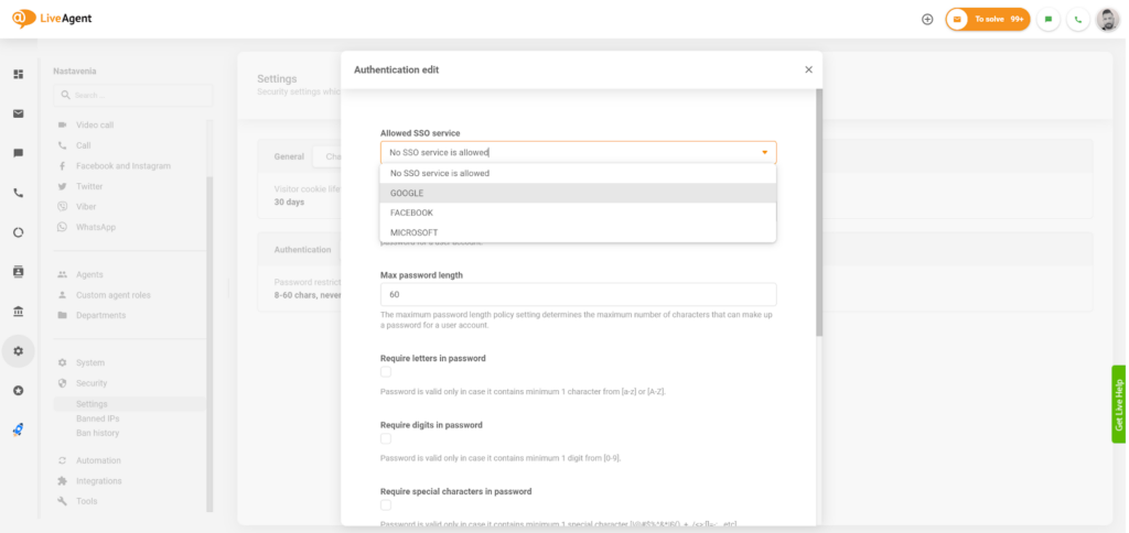 Izberite storitev SSO v LiveAgent