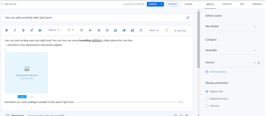 Zoho Desk Dodajte sliko v članek zbirke znanja